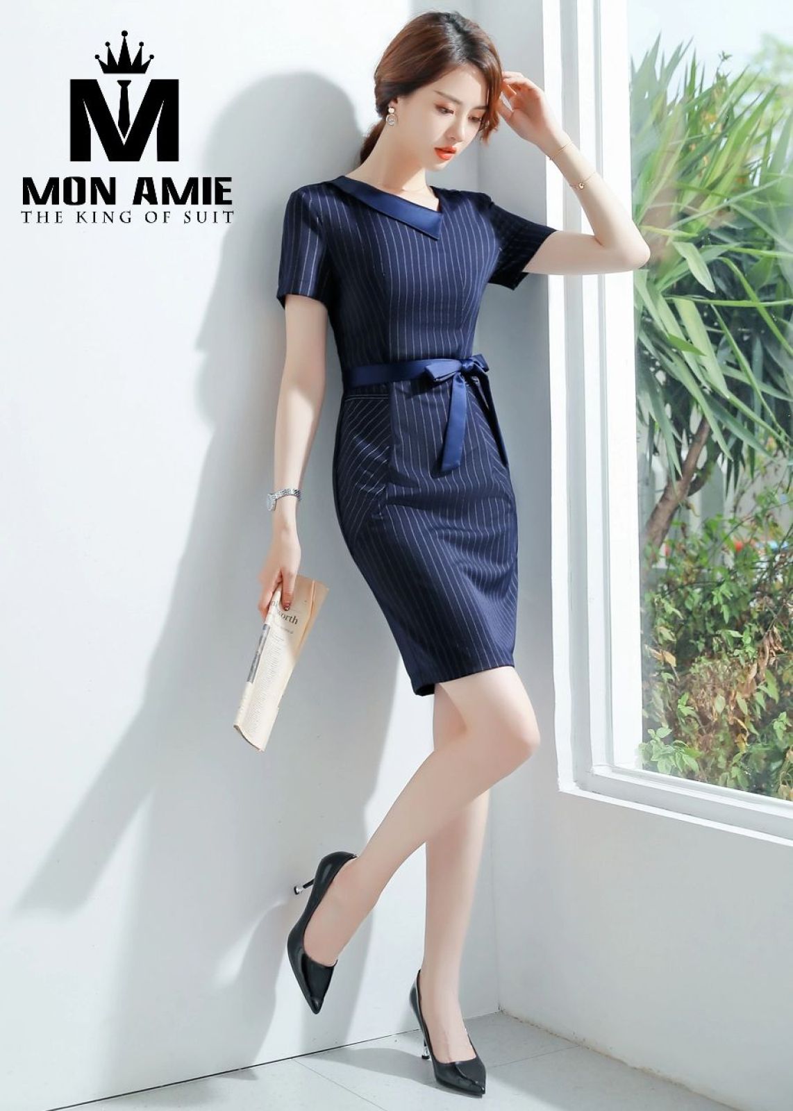 Striped Navy Sheath Dress With Bowtie Satin Waistband 